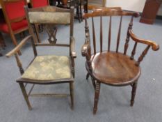 A 19th century spindle backed armchair (as found) together with a further armchair in floral fabric