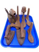 A vintage brass blow lamp together with two antique cast iron flat irons and cobblers lasts