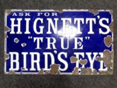 A vintage enamel sign 'Ask For Hignett's 