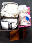 Three boxes of 20th century table linen, embroidered and crochet examples,