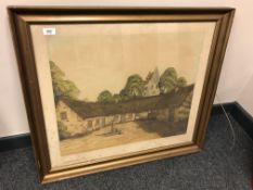 Continental School : A courtyard, hand coloured engraving, indistinctly signed,