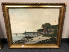 An embroidered picture depicting a beach,