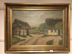 Continental school : rural farmyard with chickens, oil on canvas, indistinctly signed, dated 1930 ,