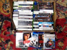 A box of Xbox and Xbox 360, PS 2 3 and 4 games, Blu rays including The Hobbit,