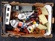 A box of die cast vehicles, Action Man figure,