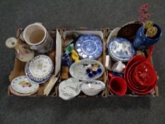 Three boxes of blue and white dinner plates, tureens, vintage glass, decanter,