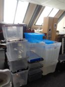 Quantity of plastic storage crates.