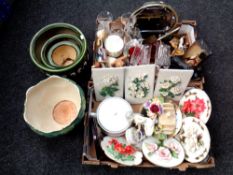 Two boxes of wall plaques, glass ware, figures, animal ornaments,