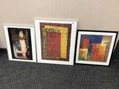A colour print after Gustav Klimt together with two further abstract prints