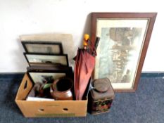 A box of parasol, stoneware jar, pictures and prints,