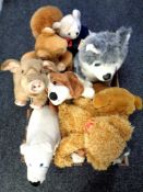 A box containing soft toys.