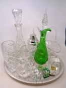 A silver plated serving tray together with a quantity of cut glass ware, paperweights,