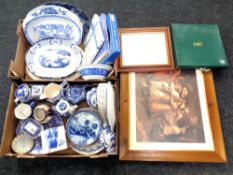 Two boxes of Ringtons blue and white ceramics, caddies, collector's plates,