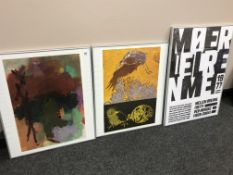 A continental abstract colour print together with two further similarly framed prints