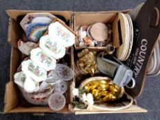 Two boxes of glass, vases, sea shells, gilt lamp base,