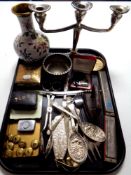 A tray of plated berry spoons, server etc, mouth organ, cloisonné vase,