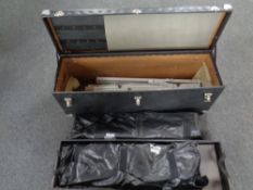 A projector screen in crate together with pair of stage lights with dimmer control pack and leads