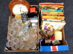 Two boxes of 20th century glass ware, Quartz wall clock,
