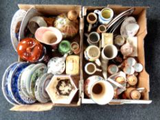 Two boxes of Japanese export coffee set, pottery steins, collector's plates, jardiniere,