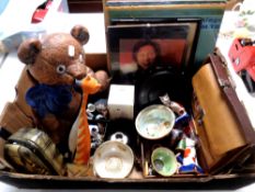 A box of three Crown Devon Fieldings bowl, leather sewing case, wooden vase stand,