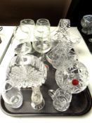 A tray of six etched wine glasses, Webb cut glass bowl,