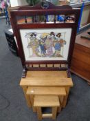 A nest of three contemporary oak tables together with a needle work fire screen