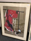 A Japanese print depicting a silk kimono, 58 cm x 80 cm.