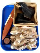 A tray of Practical Zoology medal, pair of child's leather shoes,