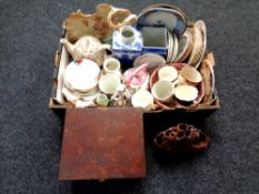 A box of ceramics, pair of blue and white jars,