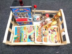 A box of Teamsters racing set, Beano annuals, figures etc,