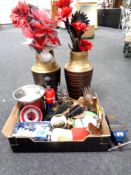 A box of set of kitchen scales, treen, glass ware,