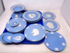 A tray of Wedgwood blue and white Jasperware commemorative plates,
