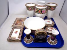 A tray of Wedgwood Clio pattern porcelain, pair of hexagonal vases, baluster vases,