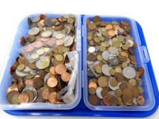 A tray of pre decimal British coins and world coins