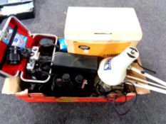 A box of cased Durham delux binoculars, Praktica camera with lens, angle poise lamp,