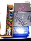 A tray of Parker calligraphy set, air brush paint, roll of washing film,