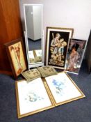 A white cheval mirror together with a quantity of pictures, Art Nouveau style picture mirror,