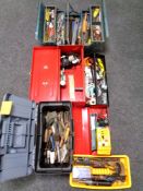 A Stack-on tool box together with a plastic tool box and metal concertina tool box containing hand