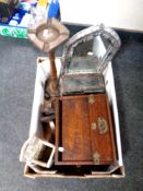 A box of Edwardian oak correspondence cabinet, eastern style mirror fitted with a drawer,