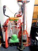 A Flymo Minimo electric mower with lead together with an Florabest electric rotavator and two