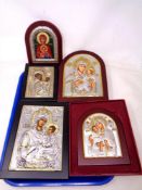 A tray of five reproduction religious icons