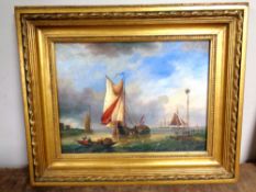 20th century school : fishing boats near a shore, oil on board, 39 cm x 29 cm, framed.