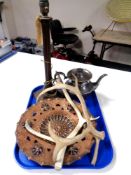 A tray of 19th century wooden table lamp, plated teapot,