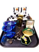 A tray of pair of Staffordshire dogs, costume brooches, pair of trench art vases,