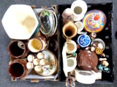 Two boxes containing kitchen storage jars, Weiss monk egg stand and storage jar, enamelled kettle,