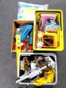 Three crates of drill stand, power tools, tool box, bench vice,