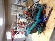 A Bosch Rotak 34 GC electric mower with grass box and lead together with a Bosch electric hedge