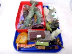 A tray of Chinese carved hardstone ornaments, soapstone figures, seals,