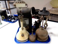 A tray of vintage blow lamp, oil can,