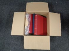 Box of stamps and stamp albums.